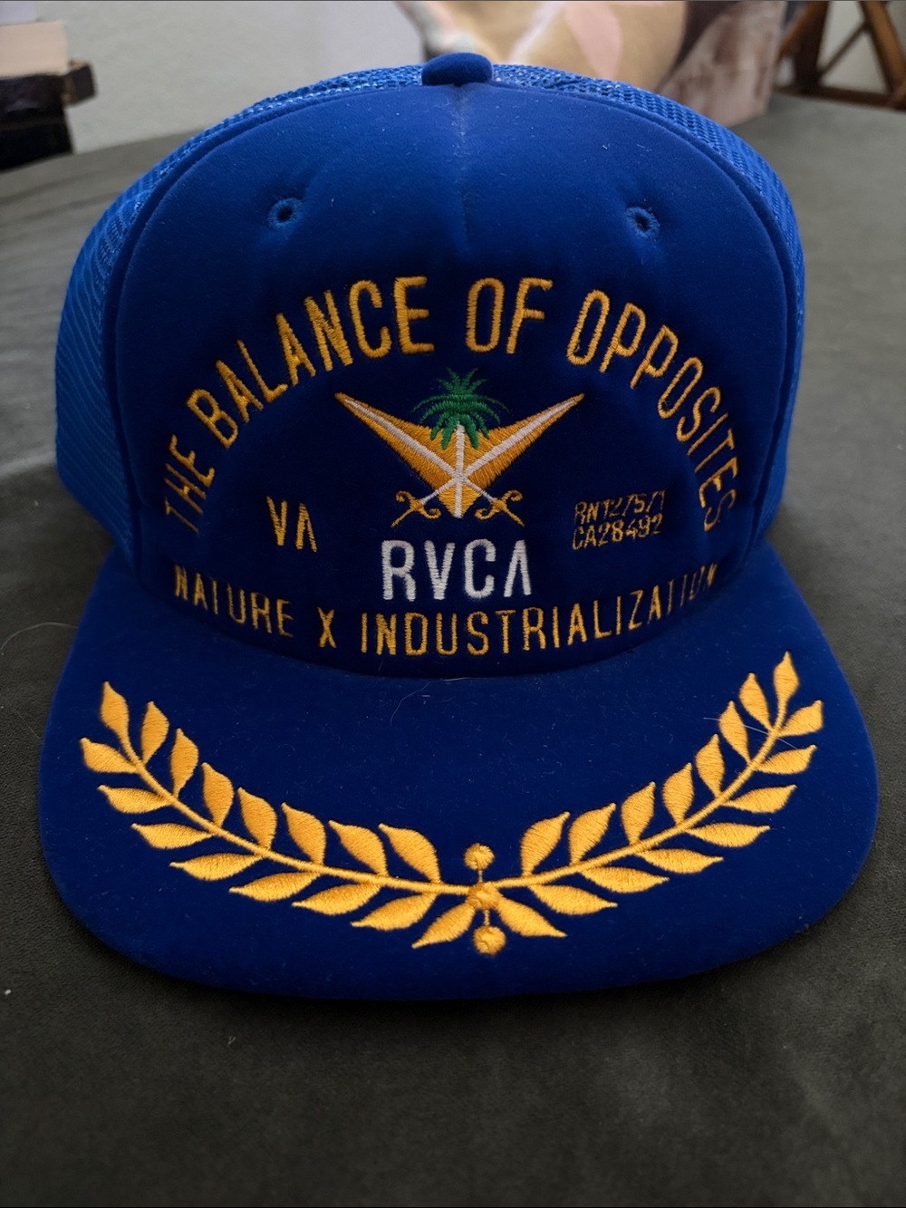 RVCA Royal Blue Velvet Trucker Cap with Gold Embroidery